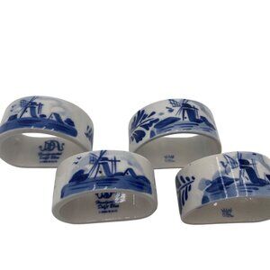 Set Of 4 Handpainted Delft Blue Ceramic Napkin Rings With Windmill Design
